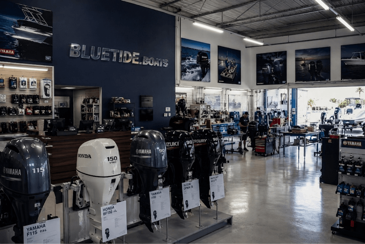 BlueTide.boats marine showroom with outboard motors on display